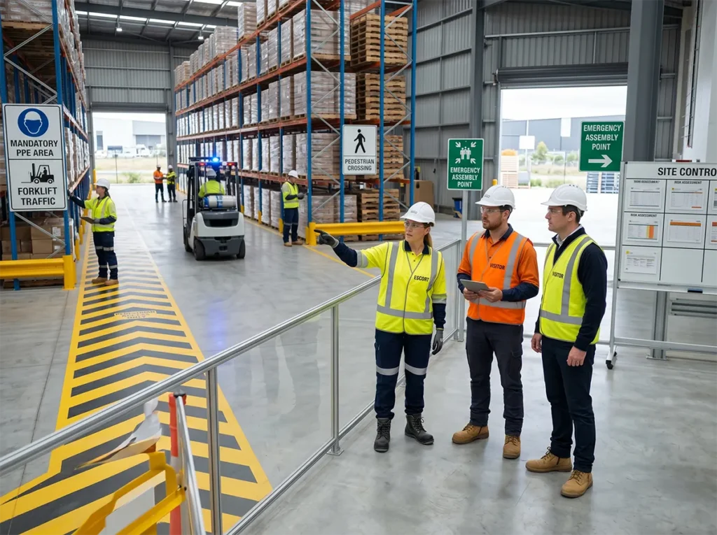 Contractor or visitor being escorted through an active industrial area in South-East Melbourne.