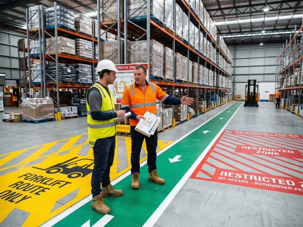 Supervisor explaining traffic routes and restricted areas to a contractor or visitor in South-East Melbourne.