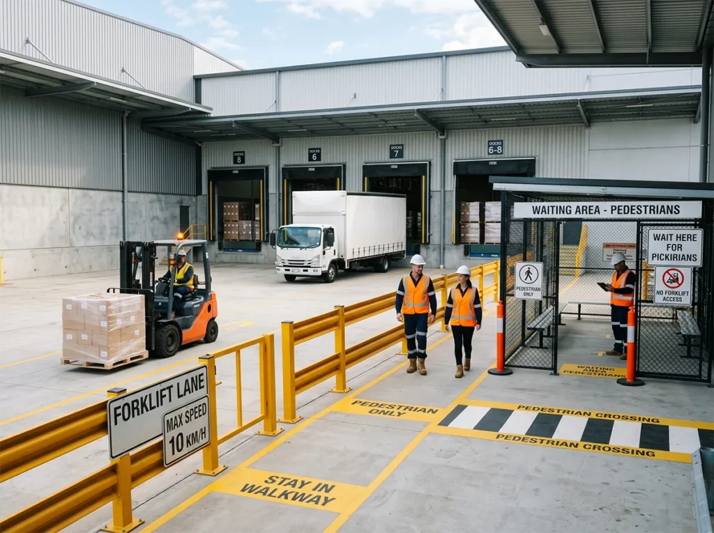 Warehouse loading dock approach showing forklift visibility and turning space in South-East Melbourne.