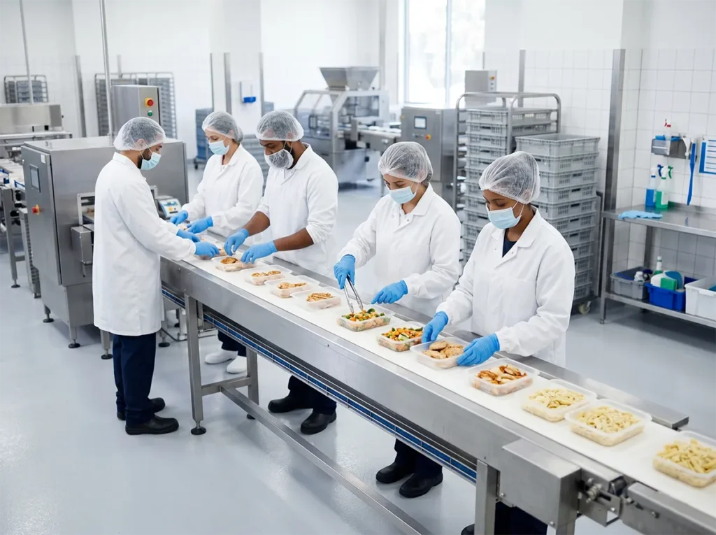 Food production workers following controlled workflow in a clean South-East Melbourne site.