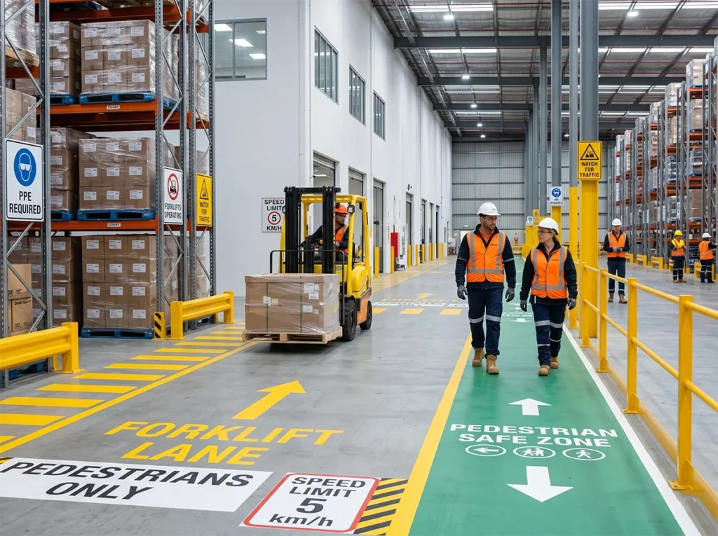 Controlled forklift traffic area with pedestrian separation in South-East Melbourne.