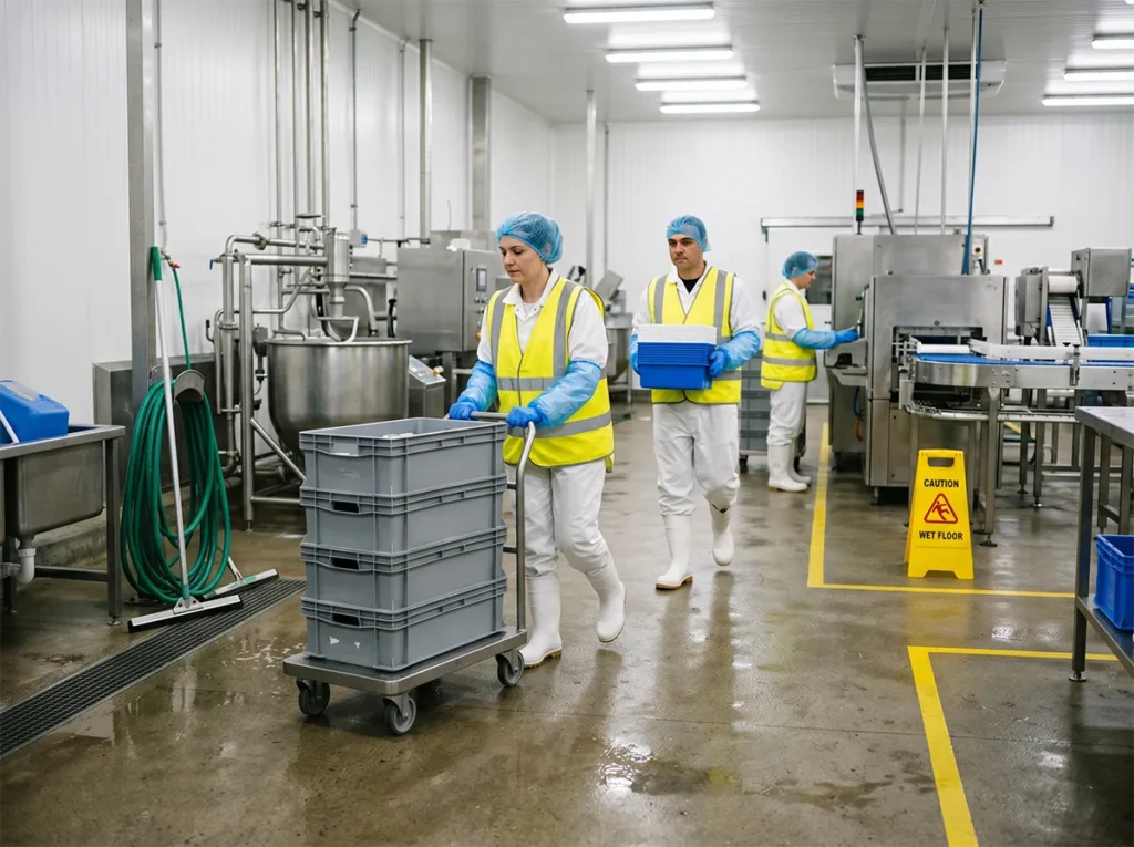 Workers moving carefully through wet food production conditions.