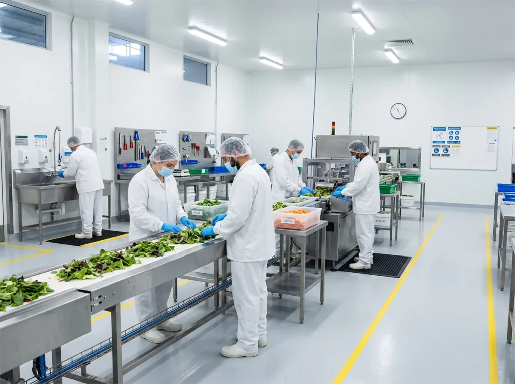 Workers consistently using correct PPE on a controlled food production floor.