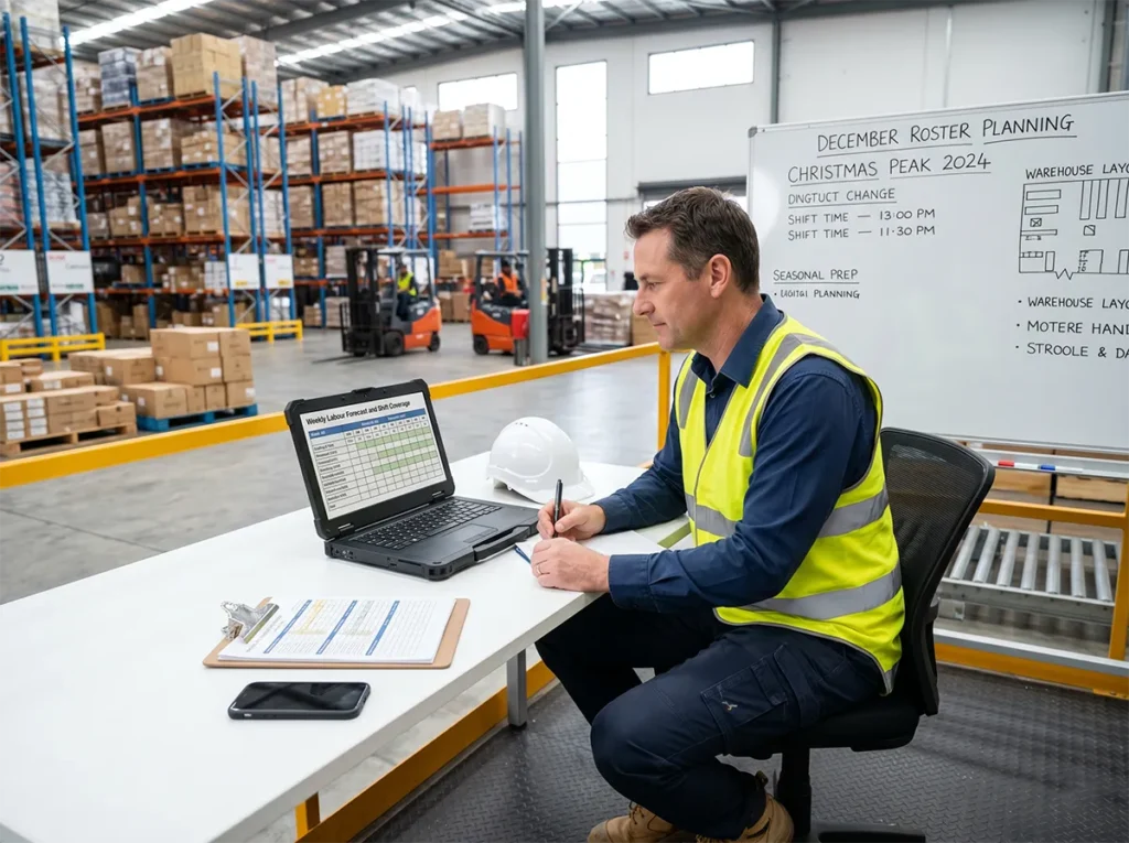 Warehouse manager reviewing labour planning for peak season in Dandenong.