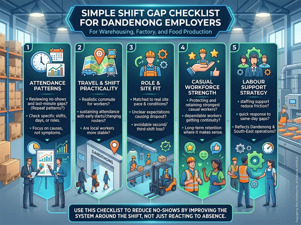 A comprehensive infographic titled "Simple Shift Gap Checklist for Dandenong Employers," detailing a five-step system for warehousing, factory, and food production: 1. Attendance Patterns, 2. Travel & Shift Practicality, 3. Role & Site Fit, 4. Casual Workforce Strength, and 5. Labour Support Strategy