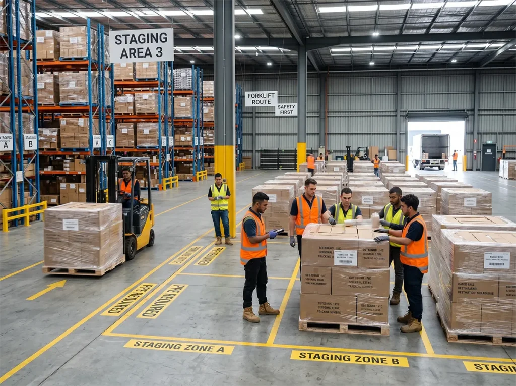 Busy but controlled warehouse preparing for seasonal demand in Dandenong.