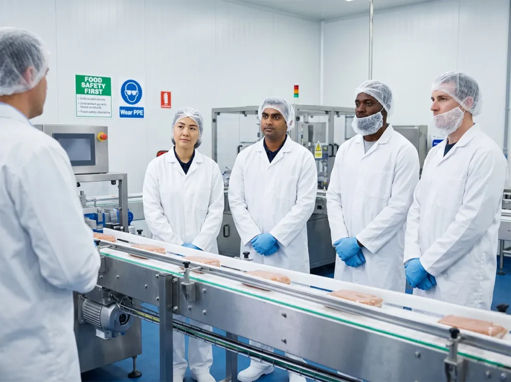 Multicultural food production workers settling into day one in South-East Melbourne.