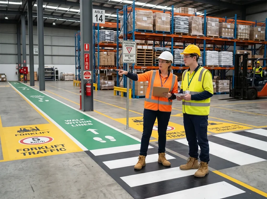 Supervisor explaining pedestrian and forklift movement rules to a new worker in South-East Melbourne.