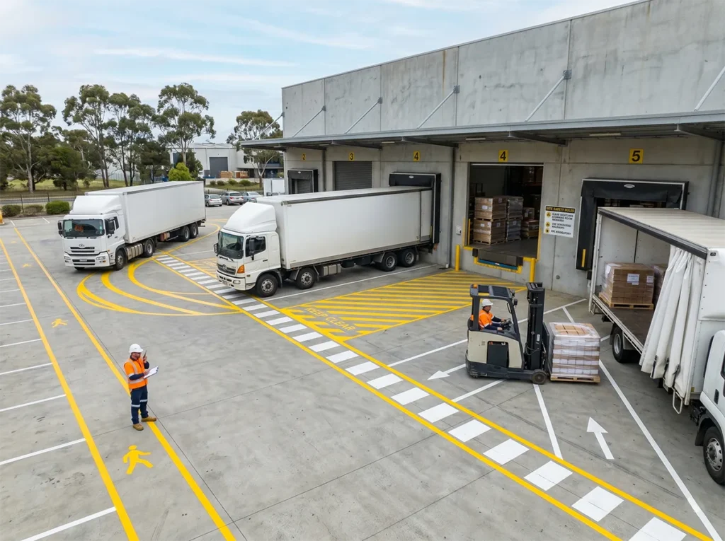Warehouse loading dock approach showing forklift visibility and turning space in South-East Melbourne.