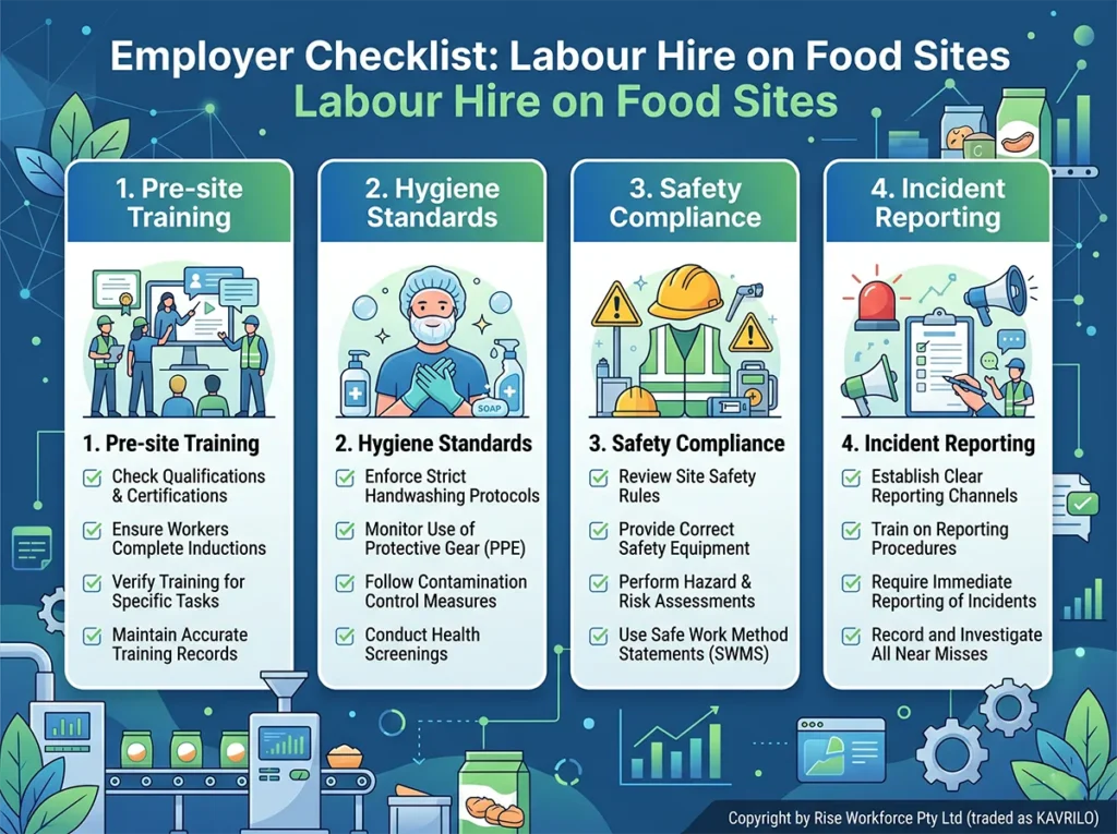 A detailed infographic titled "Employer Checklist: Labour Hire on Food Sites" outlining four key areas: 1. Pre-site Training (checking qualifications, inductions, task training, records); 2. Hygiene Standards (handwashing protocols, PPE, contamination control, health screenings); 3. Safety Compliance (site rules, equipment, hazard assessments, SWMS); and 4. Incident Reporting (reporting channels, procedures, immediate reporting, near-miss investigation). The image includes modern icons, illustrations of workers, and a production line at the bottom.