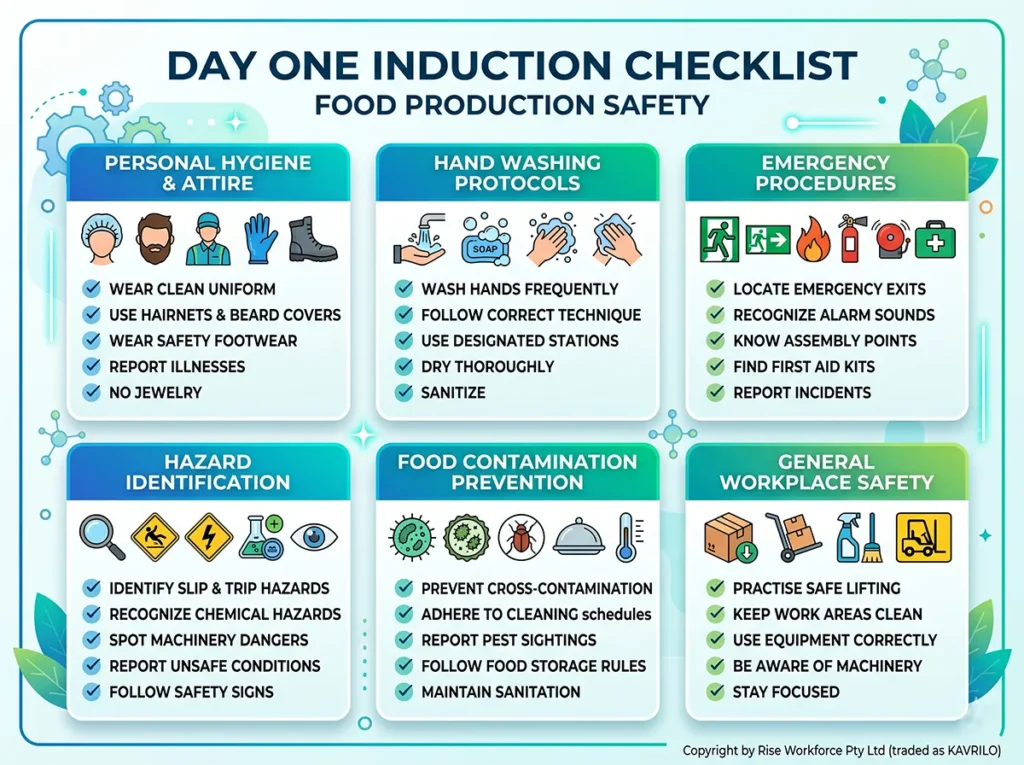 An infographic summarising a day one induction checklist for food production safety. It is structured into six panels: Personal Hygiene & Attire, Hand Washing Protocols, Emergency Procedures, Hazard Identification, Food Contamination Prevention, and General Workplace Safety. Copyright by Rise Workforce Pty Ltd (traded as KAVRILO).
