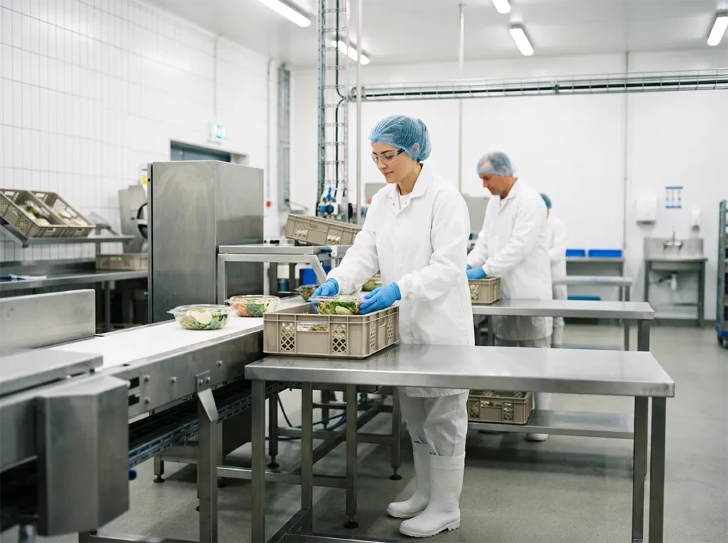 Temporary worker operating correctly after hygiene-readiness checks in food manufacturing.