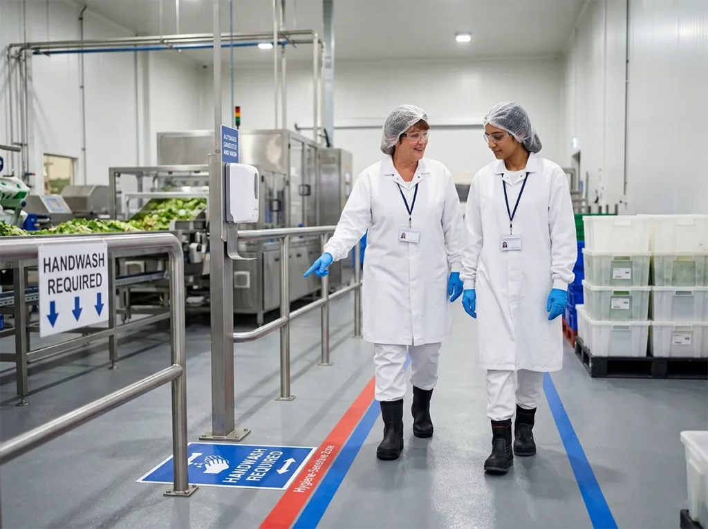 Supervisor guiding a temporary worker through area boundaries in food manufacturing.