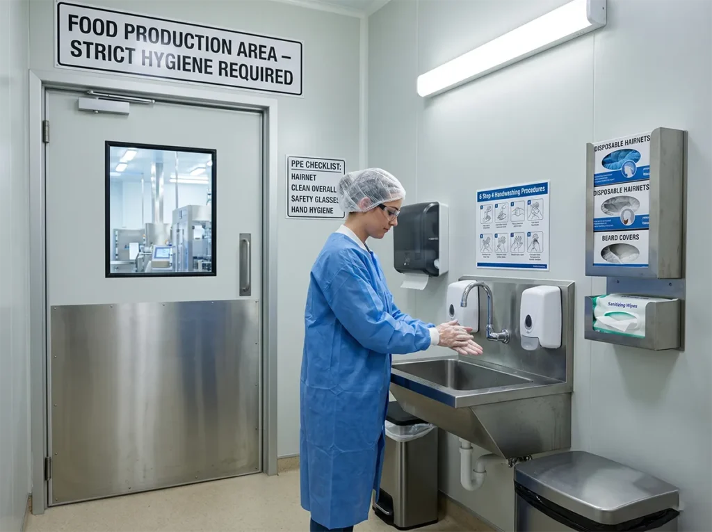 Temporary worker following hygiene entry and PPE readiness checks in food manufacturing.