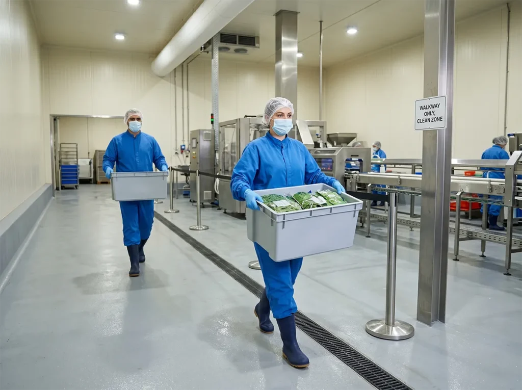 Workers carrying product through damp food production conditions.
