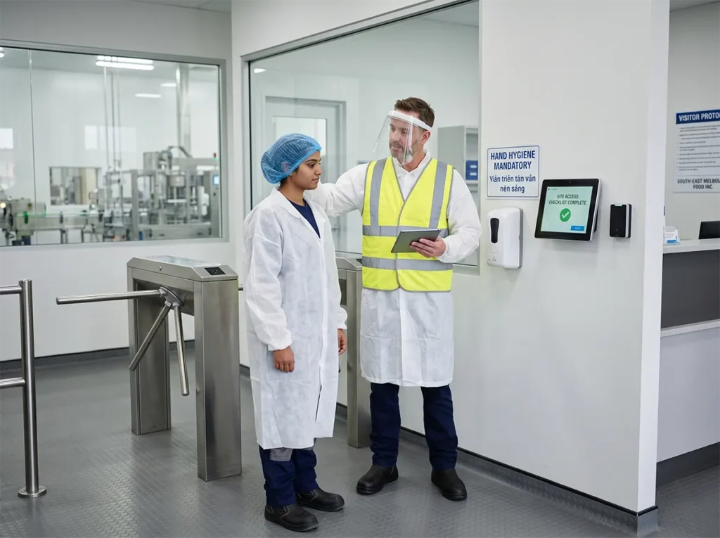 Casual worker being checked for PPE and site-entry readiness in food production.