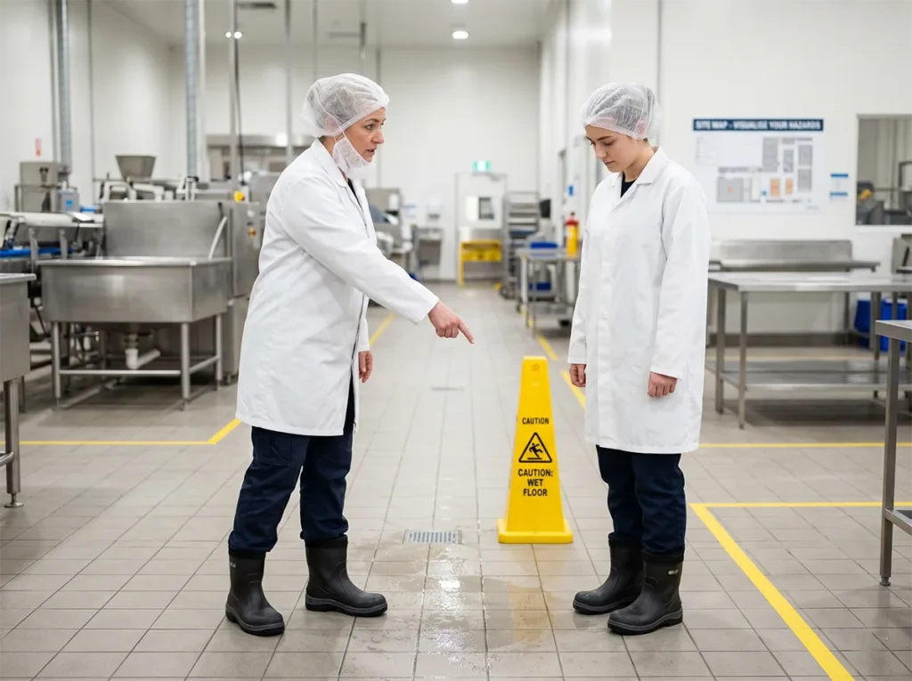 Supervisor showing site-specific risk points to a casual worker in food production.