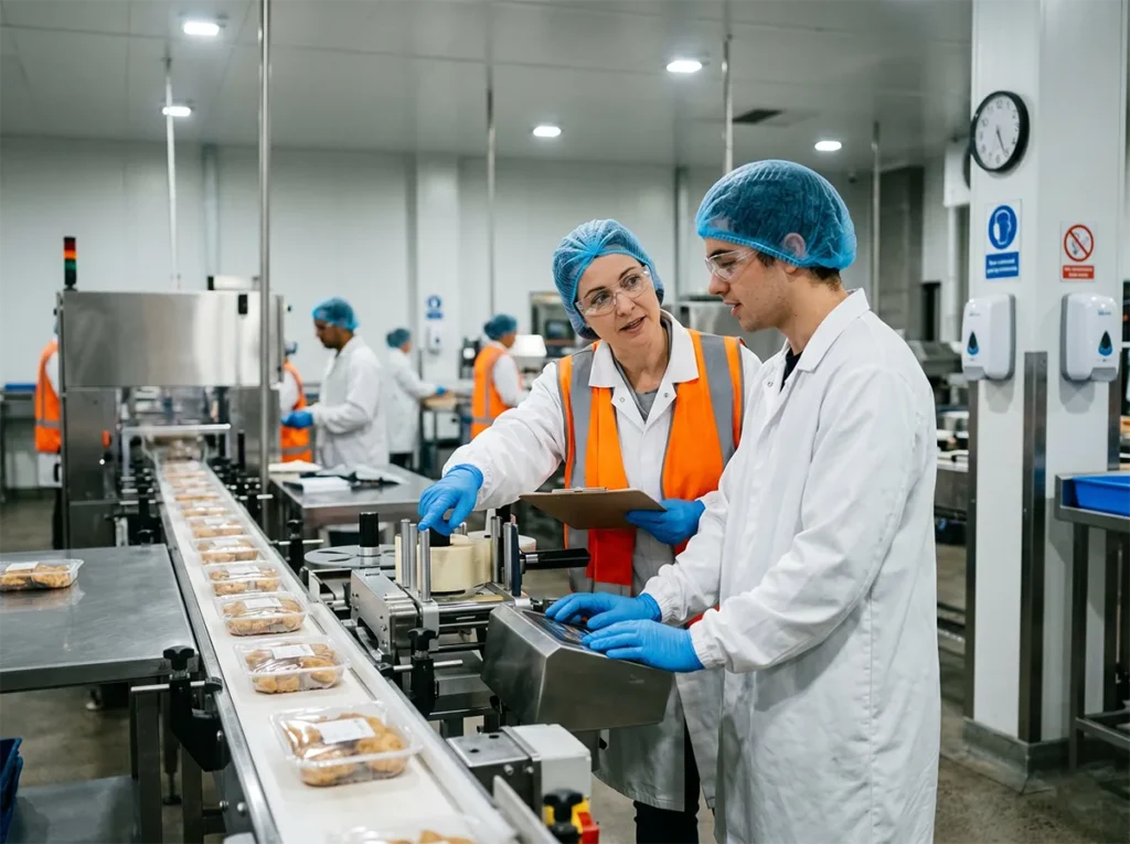 Supervisor visibly supporting a casual worker during first shift in food production.