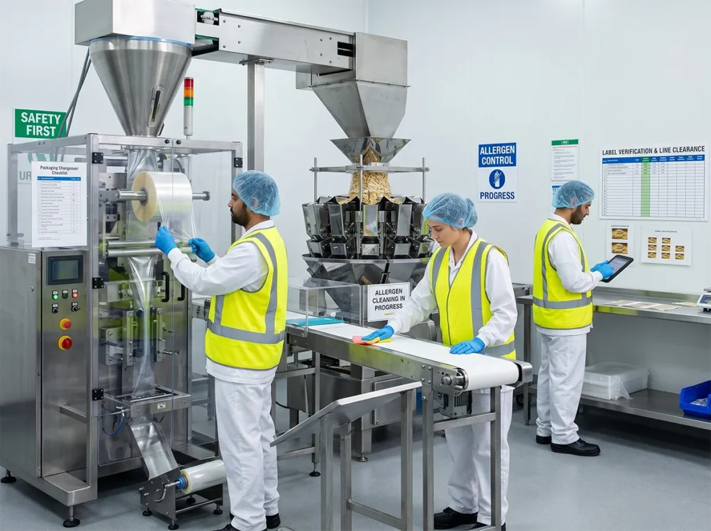 Workers managing a food production line changeover carefully in South-East Melbourne.