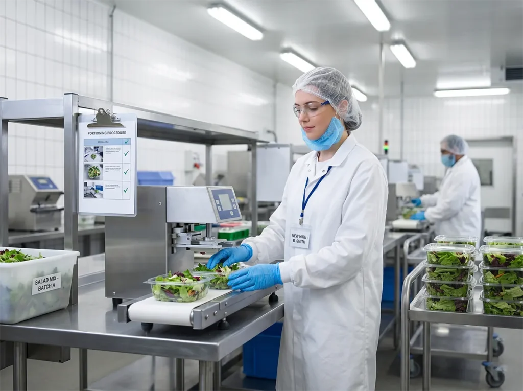 New worker operating correctly after structured onboarding in food production.