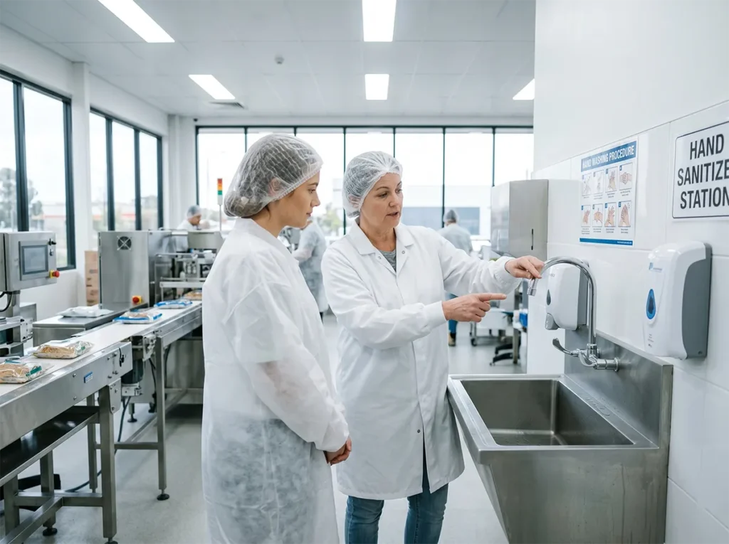 New worker being shown correct PPE and hygiene procedure in food production.