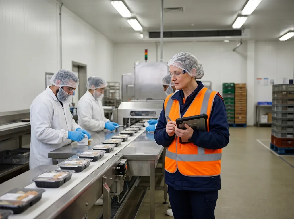 Food production workers operating steadily during a long shift.