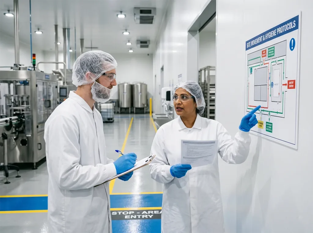 Supervisor explaining entry and movement rules to a new worker in food production.