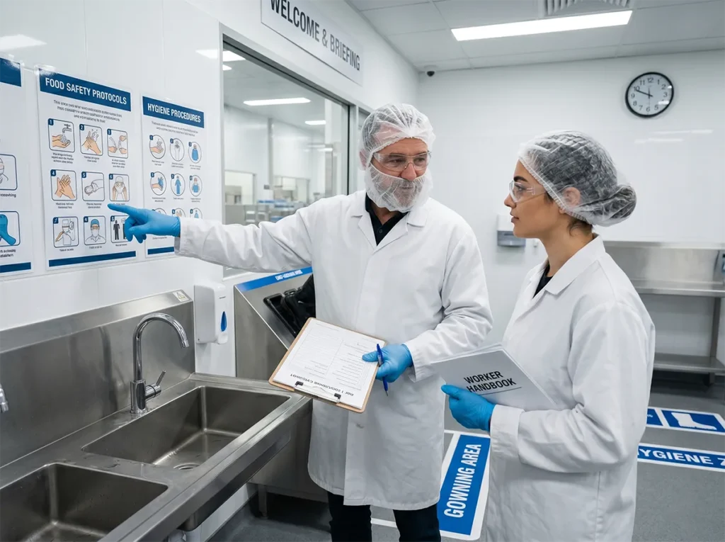 Supervisor briefing a new worker in a food production environment.