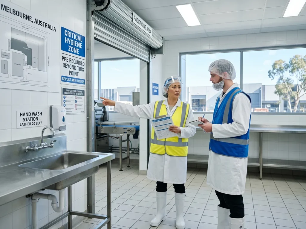 Supervisor briefing a new worker in a food production environment.