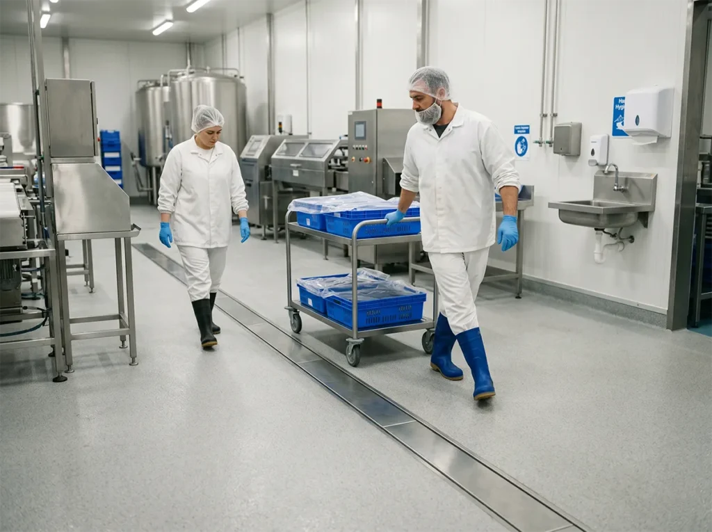 Workers moving carefully near drain areas in a food production site.