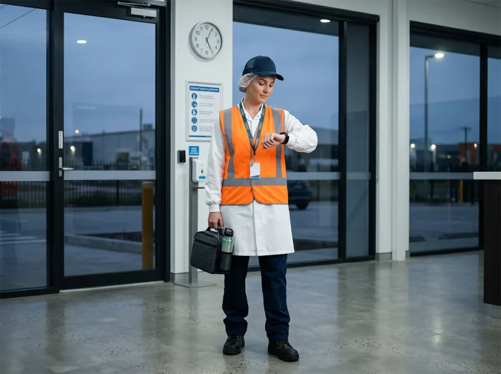 Food production worker prepared for an early shift in South-East Melbourne.