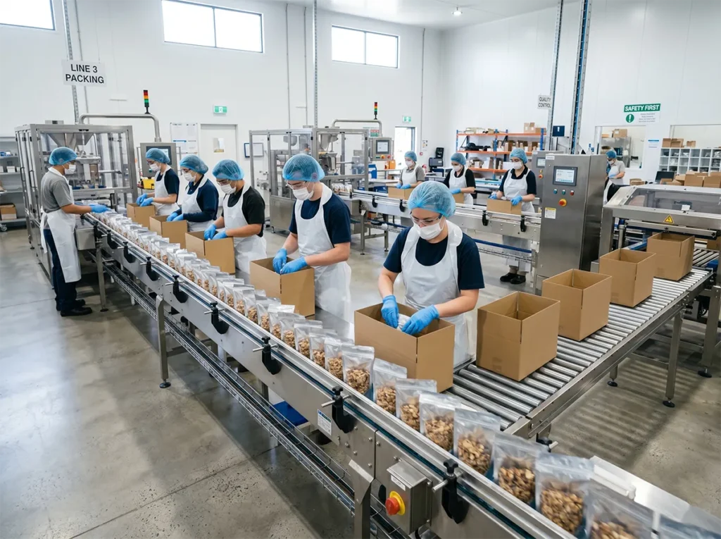 Fast-paced but controlled food production line with repetitive work.