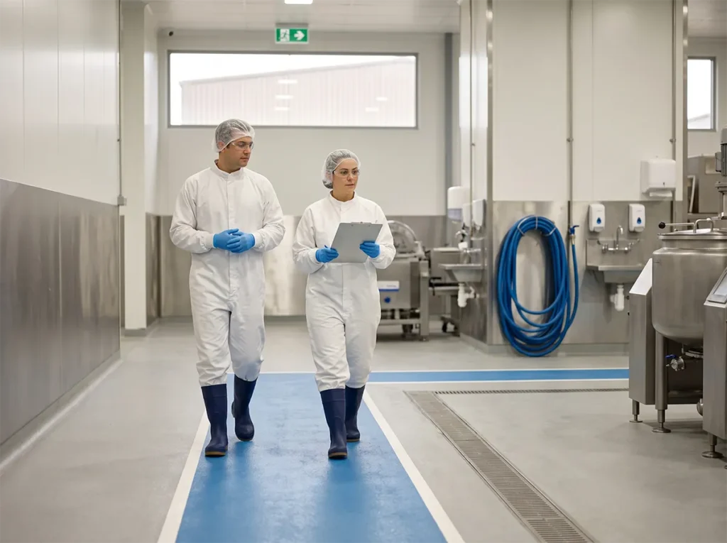 Workers in correct footwear moving safely through a food production wet area.