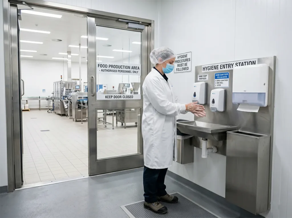 Worker entering a food production area with correct hairnet and gloves in South-East Melbourne.