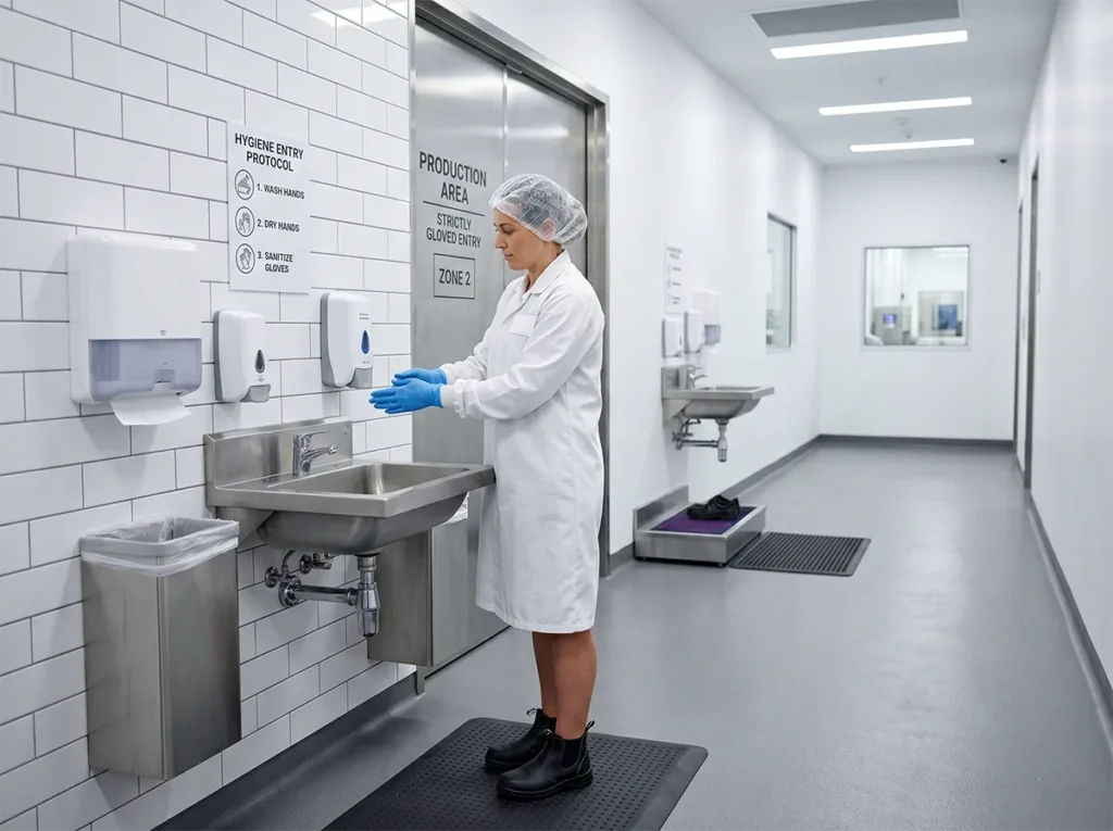 Worker following hygiene entry controls before entering food production.