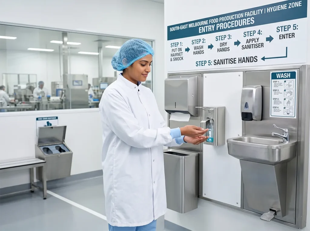 Worker following hygiene entry steps and PPE rules in a South-East Melbourne food factory.