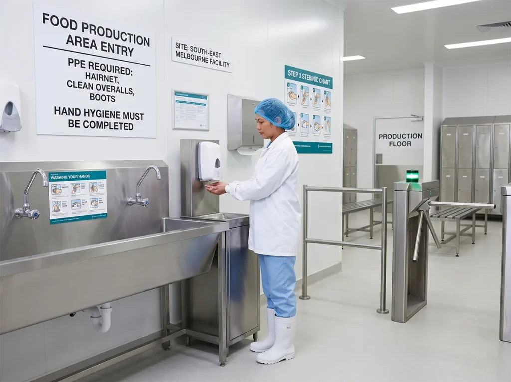 Worker following hygiene entry procedures before entering food production.
