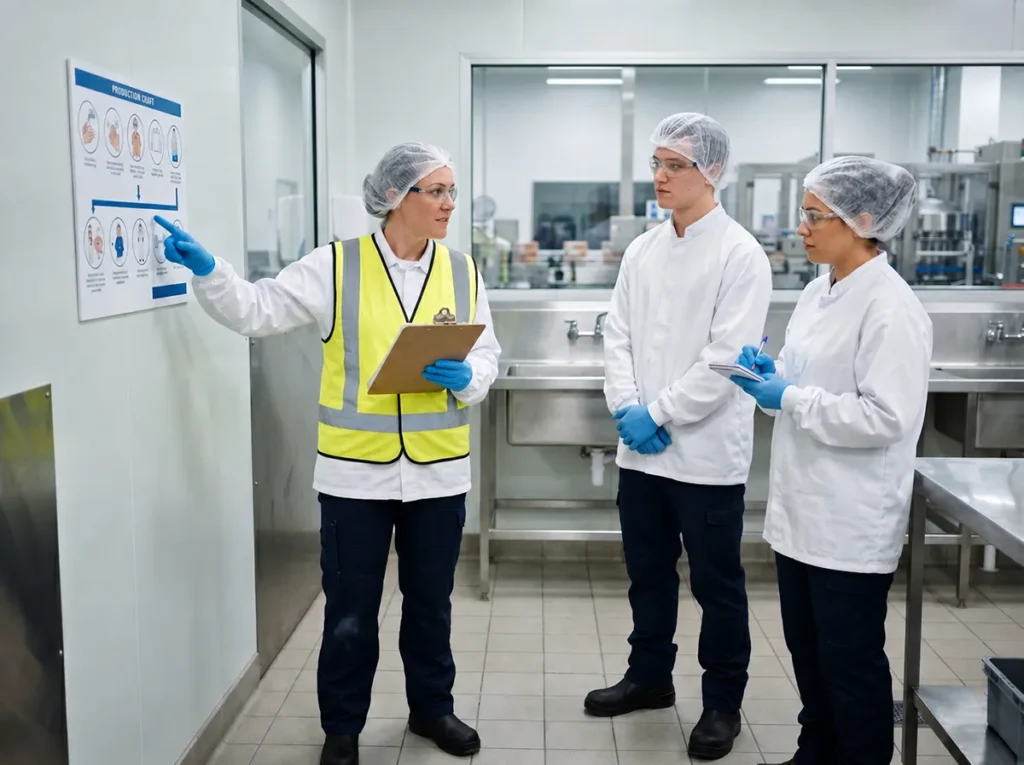 Food production labour hire workers receiving a site induction in South-East Melbourne.