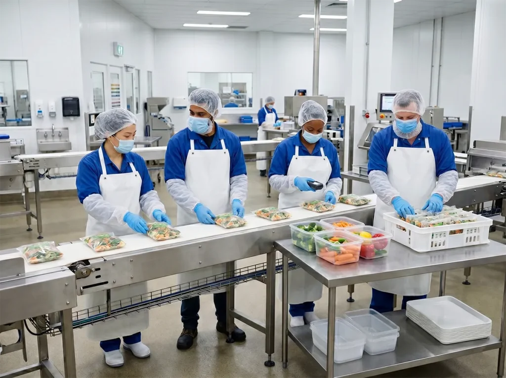Food production labour hire team working in a clean South-East Melbourne facility.