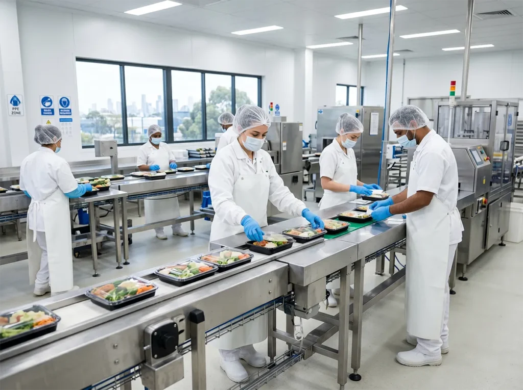 Workers maintaining concentration on a fast-paced food production line.