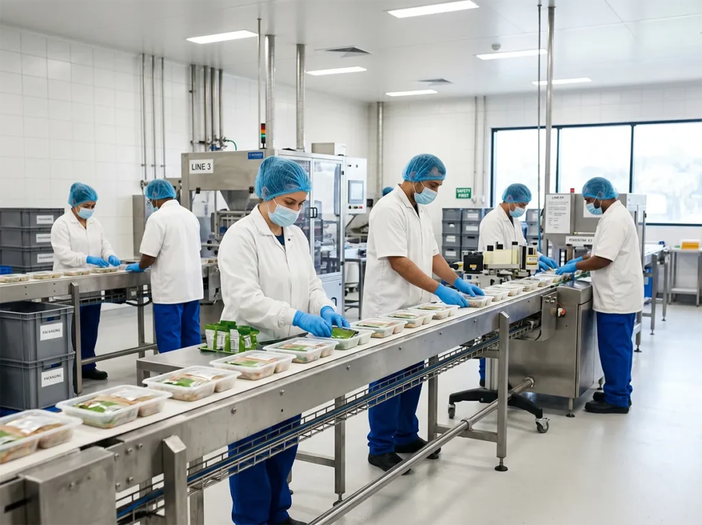 Fast-paced but controlled food production line with correct PPE.