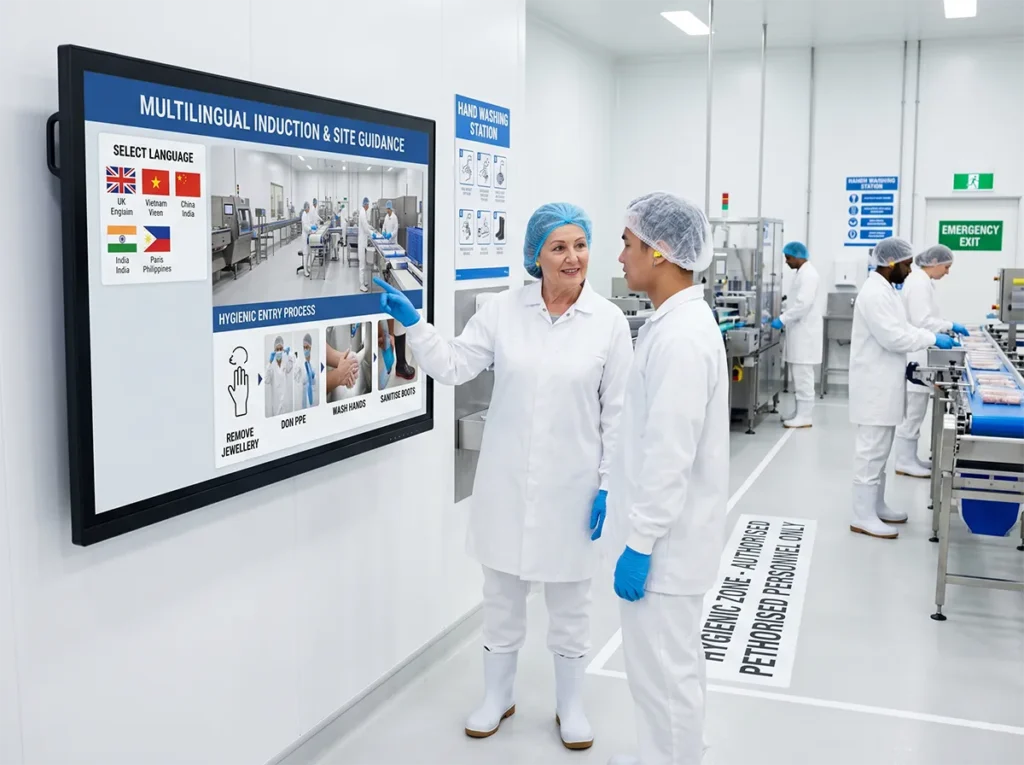 Multilingual worker receiving clear induction in a food production site.