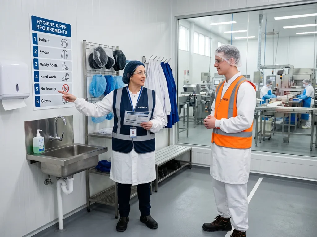Supervisor briefing a new worker on PPE expectations in food production.