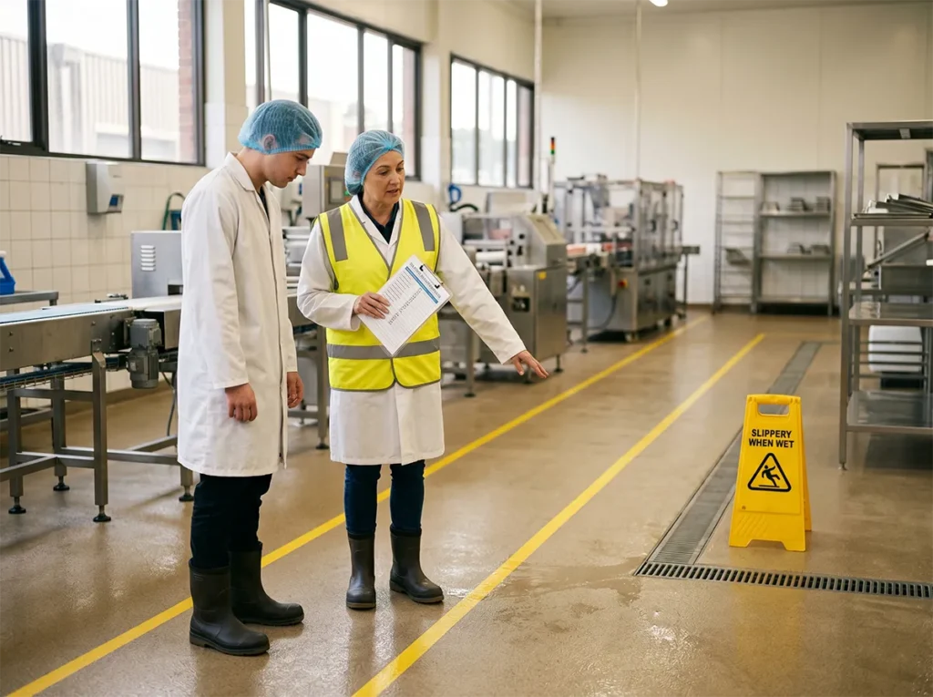 Supervisor briefing a new worker about wet-area movement in food production.