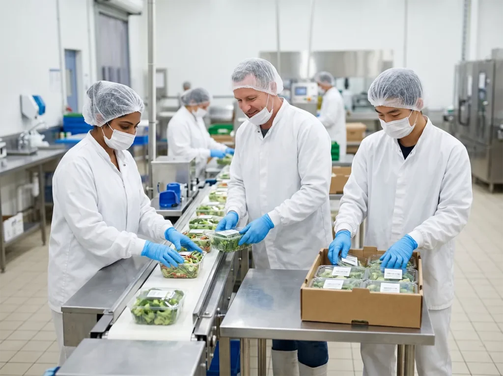 Food production workers working steadily on a packing line in South-East Melbourne.