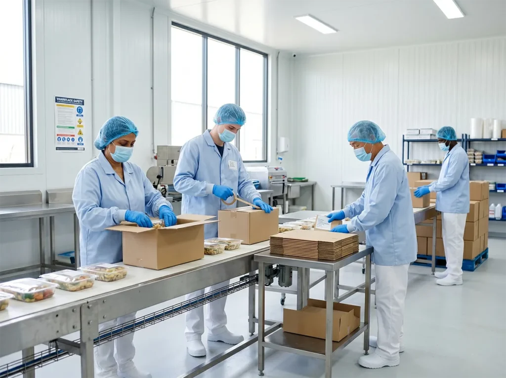 Food production workers working steadily on a packing line in South-East Melbourne.
