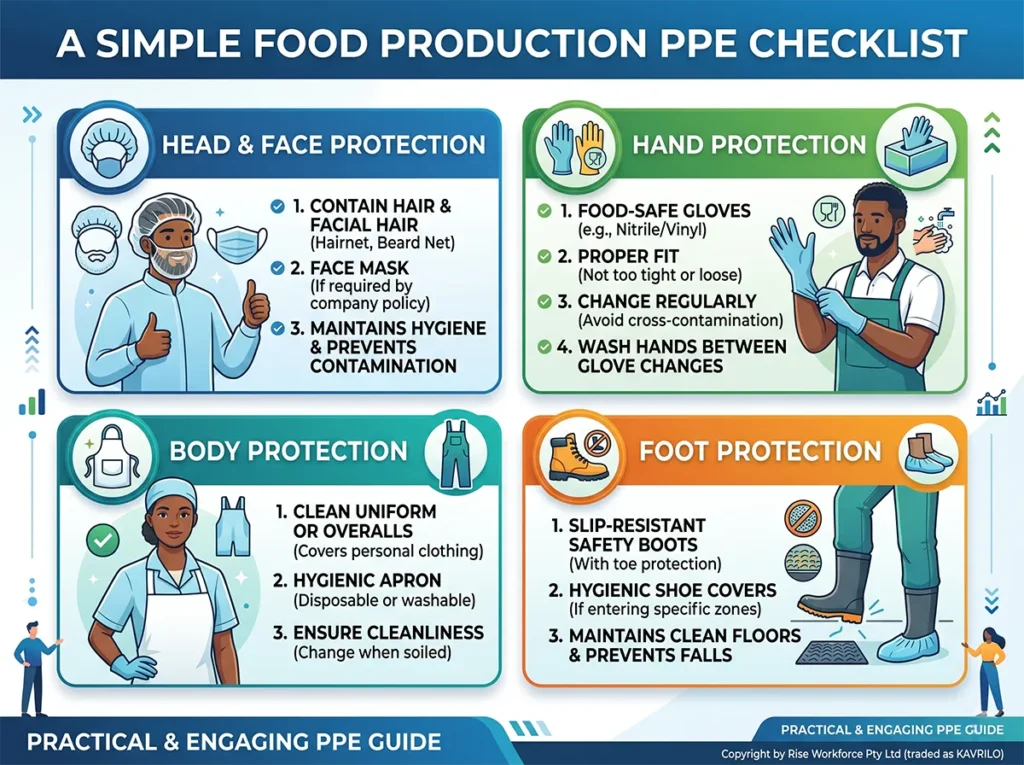 An infographic detailing a simple food production PPE checklist, categorising essential safety gear into head and face, hand, body, and foot protection for food manufacturing workers.