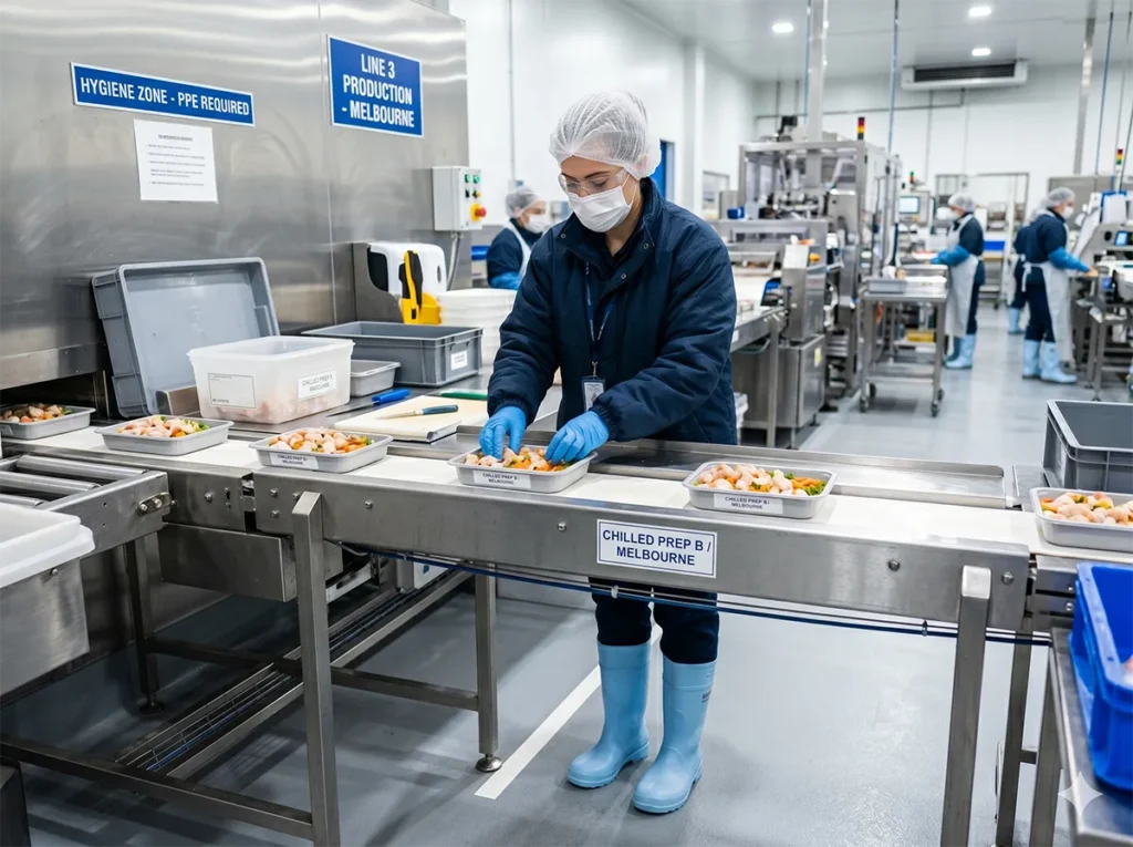 Worker wearing correct PPE in a chilled food production area in South-East Melbourne.
