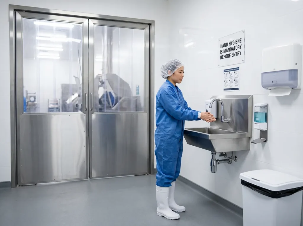 Worker following PPE and hygiene entry requirements before entering food production.