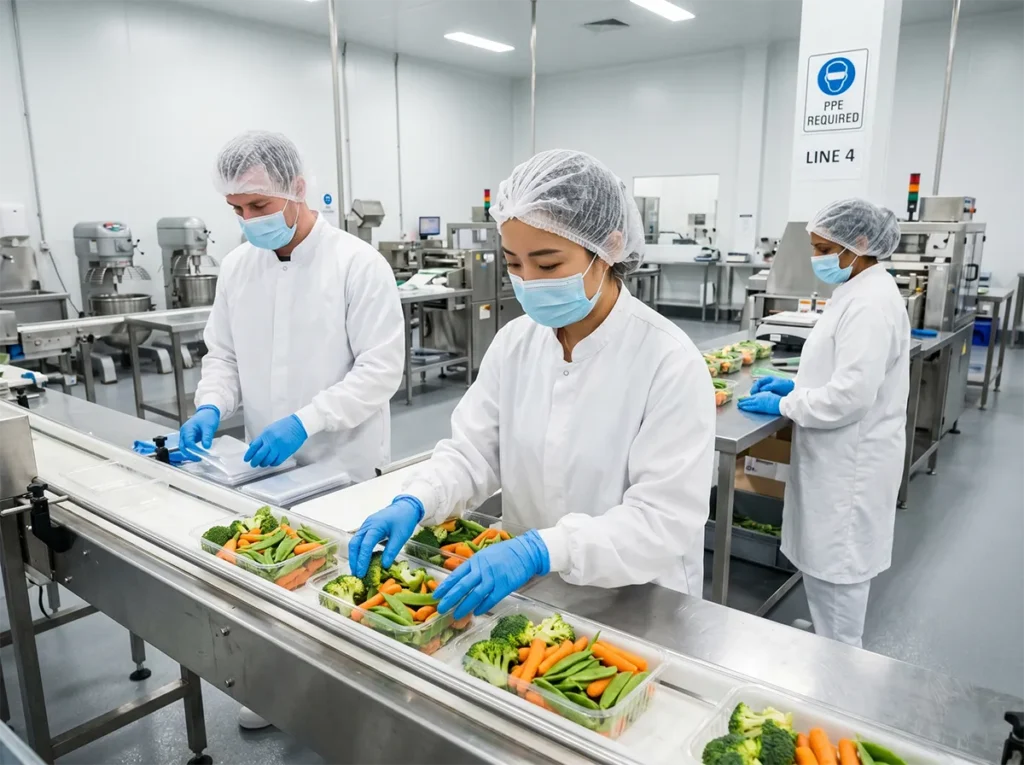 Food production workers wearing correct PPE in a controlled environment.